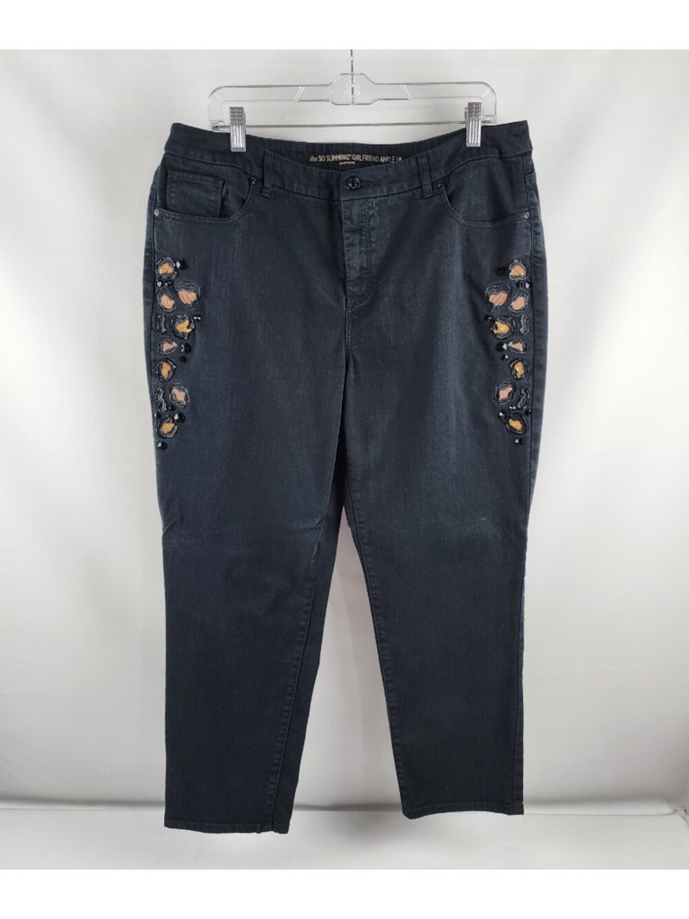 Chicos Jeans Womens 3=16 Black So Slimming Girlfriend Ankle Sequin Leopard Print